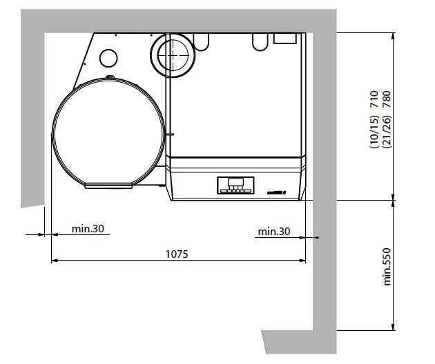 Minimalne odstępy (wyrzut spalin do góry) BioWIN 2