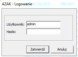 3. Przygotowanie programu do pracy. Po zalogowaniu się do programu AZAK (konto administratora nie posiada żadnego hasła) program wymusi wprowadzenie hasła dla konta admin.