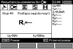 Aby uruchomić pomiar, ponownie wcisnąć przycisk START. Po wykonaniu pomiaru pierwszej nogi wartość zmierzonej rezystancji badanej nogi wskazywana jest na ekranie głównym jako R1 przez 5 sekund.