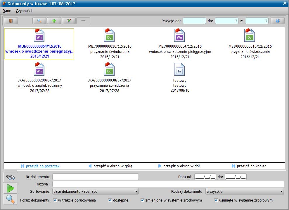 W oknie prezentowane są dokumenty dostępne w teczce, które zostały przesłane z systemu źródłowego lub zarejestrowane ręcznie w CRD (w trakcie opracowania).