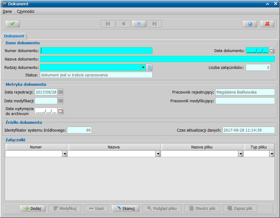 Na zakładce Załączniki istnieje możliwość dodania załączników w formie dokumentów elektronicznych, tj. dokumentów (plików) zapisanych na dysku komputera lub dokumentów zeskanowanych.