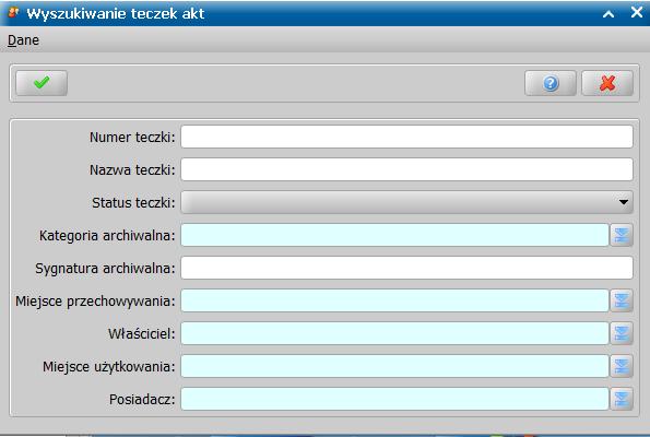 Otworzy się okno Wyszukiwanie teczek akt, w którym wprowadzamy parametry, wg których chcemy wyszukać