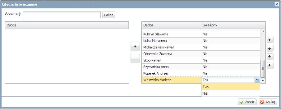 - W polu Wyszukaj wpisz ciąg znaków i kliknij przycisk Pokaż. - Zaznacz ucznia w prawym obszarze (elementy wybrane) i kliknij przycisk.