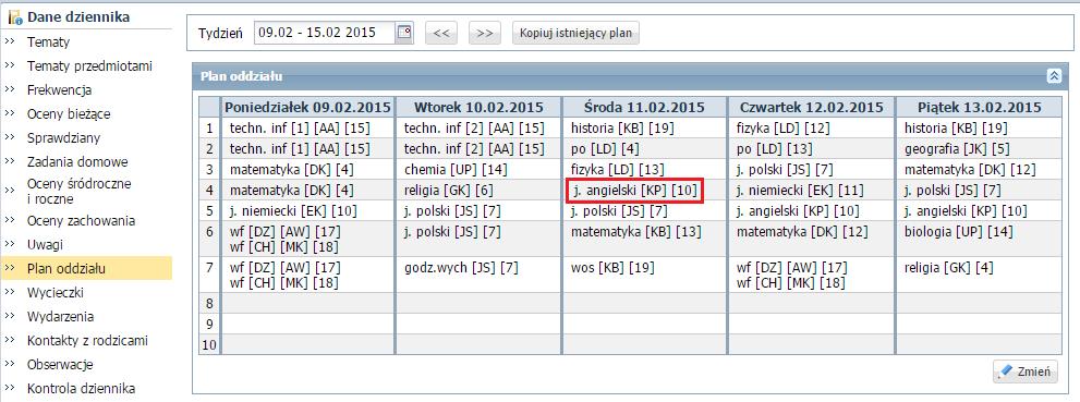 Edytowanie pozycji planu lekcji Plany lekcji oddziałów w systemie UONET+ traktowane są jako szablony tygodniowych rozkładów zajęć oddziałów.