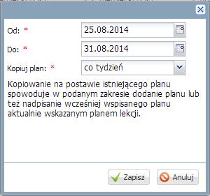 34 Materiały dla uczestnika szkolenia Ćwiczenie 11. Kopiowanie planu oddziału Aby skopiować plan lekcji: 1. W widoku Plan lekcji kliknij przycisk Kopiuj istniejący plan. 2.