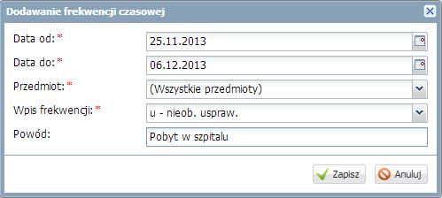 Wpisywanie zwolnień i czasowych nieobecności Wychowawca ma możliwość wpisania zwolnień i czasowych nieobecności do dziennika oddziału.