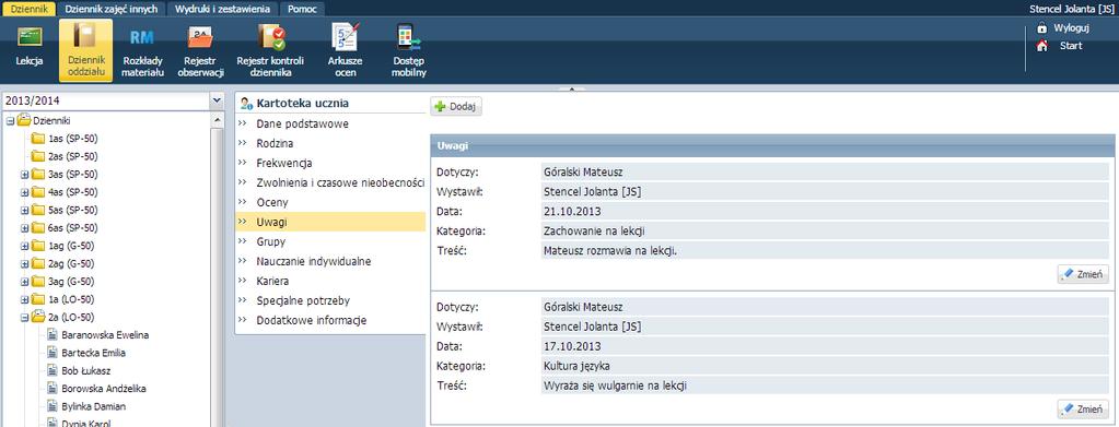 W widoku Uwagi można wpisać uwagi dla ucznia, a także