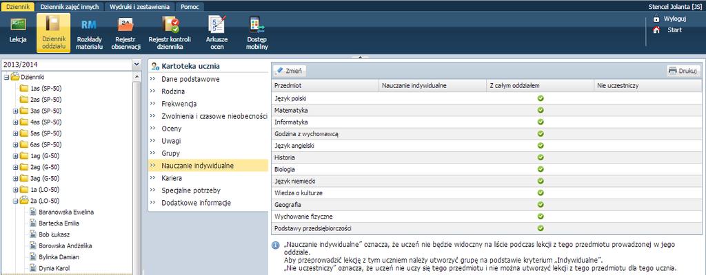 W widok Nauczanie indywidualne prezentowane są informacje, dotyczące nauczania indywidualnego.