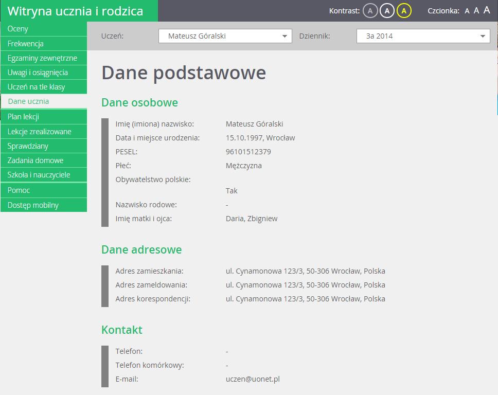 Przeglądanie danych ucznia 1. W menu wybierz widok Dane ucznia. 2.