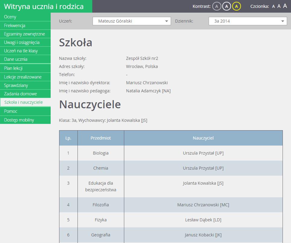 Korzystanie z Modułu Uczeń 87 Ćwiczenie 11. Przeglądanie widoku Szkoła i nauczyciele 1. Przejdź do widoku Szkoła i nauczyciele.