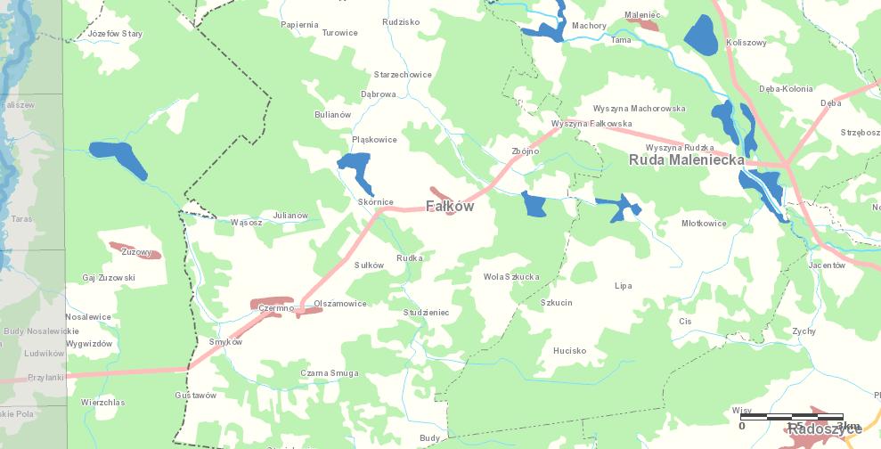 Zagrożenie powodziowe na terenie gminy Gmina Fałków nie jest położona na obszarze zagrożonym powodziom, co przedstawia poniższa
