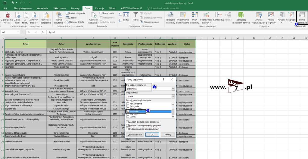 W nowo otwartym oknie w sekcji Dla każdej zmiany w: wybieramy kolumnę Biblioteka (punkt 2) oraz w sekcji Dodaj sumę