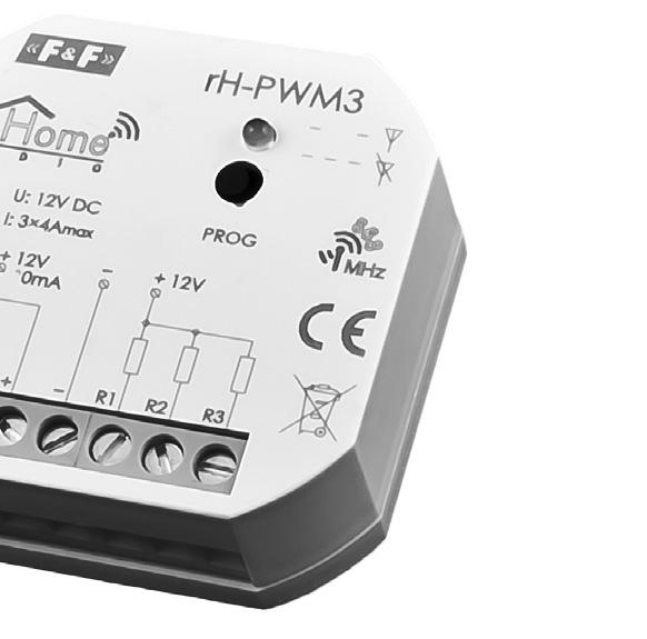 BEZPRZEWODOWY SYSTEM INTELIGENTNEGO BUDYNKU 2.3.6. Moduł rh-pwm3 Moduł rh-pwm3 (Rys. 13) przeznaczony jest do sterowania ściemnialnym odbiornikiem LED o maksymalnym prądzie obciążenia 4 A na kanał.