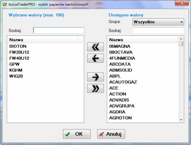 4. Wybór wyświetlanych papierów wartościowych W oknie wyboru wyświetlanych papierów wartościowych dostępne są dwie listy: wybrane walory oraz dostępne walory.