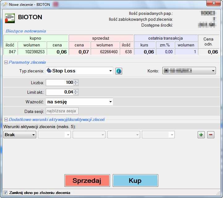 Składając zlecenie STOP LOSS w programie BossaTraderPRO, w oknie nowego zlecenia ustawiamy Typ zlecenia na STOP LOSS i wybieramy Rachunek inwestycyjny.