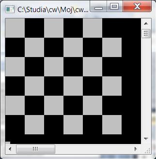 Zad 2 (obowiązkowy) Napisz program, który zawiera funkcję rysującą szachownicę na ekranie. Przez nagłówek funkcji należy przekazać przez wartość informację o rozmiarze boku pola szachownicy (kwadrat).