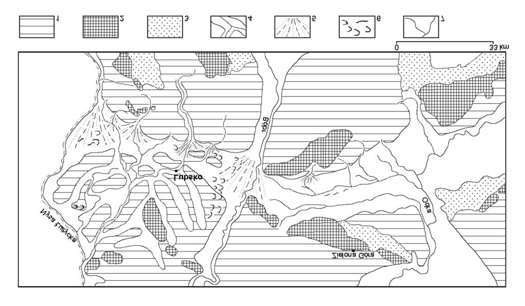 [135] Rys. 1. Szkic geomorfologiczny okolic Zielonej Góry i Lubska, zmienione (NOWACZYK 1996). Strza³k¹ zaznaczono obszar badañ.