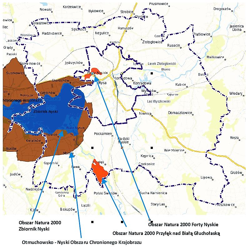 Rysunek 1: Granice gminy Nysa i lokalizacja obszarów chronionych. Źródło: nysa.e-mapa.