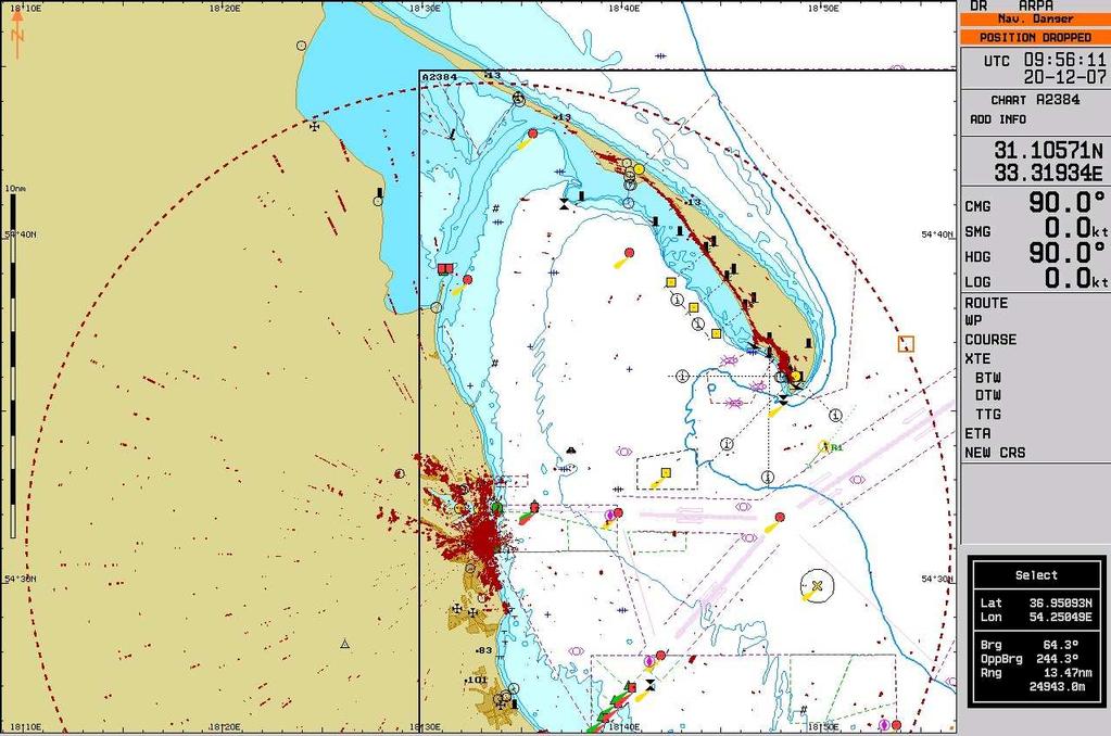 Na rys.4 pokazano obraz radaru impulsowego NSC 34 na zakresie 12 Mm prezentowany na monitorze ECDIS.