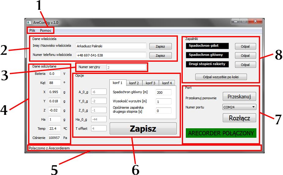 2. Opis poszczególnych elementów programu Rysunek 2.1. Opis poszczególnych elementów programu. 1. menu główne 2.1, 2. dane właściciela 2.2, 3. numer seryjny 2.3, 4. dane odczytane z Arecordera 2.4, 5.