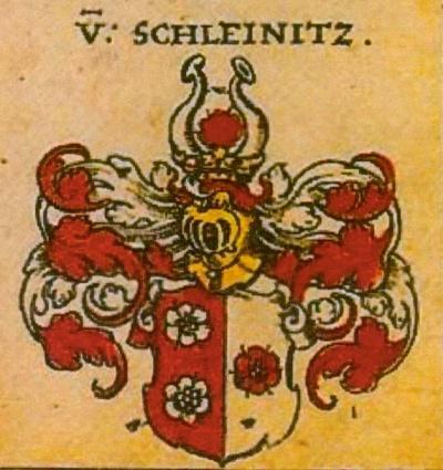 Die adlige polnische Familie Schleinitz (Schleunitz). Schleinitz (Schleunitz). Schild silbern- rot gespalten, rechts eine fünfblättrige goldene (rote) Rose, links zwei silberne Rosen; Helmschmuck: zwei Büffelhörner.