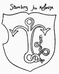 Strumberg, Wappen (Sztumberg). In Rot ein silberner, senkrechter Anker, mit dem Stiel, der keine Querstange, nur eine Tauöse hat, nach oben; Helmschmuck: drei Straußenfedern.