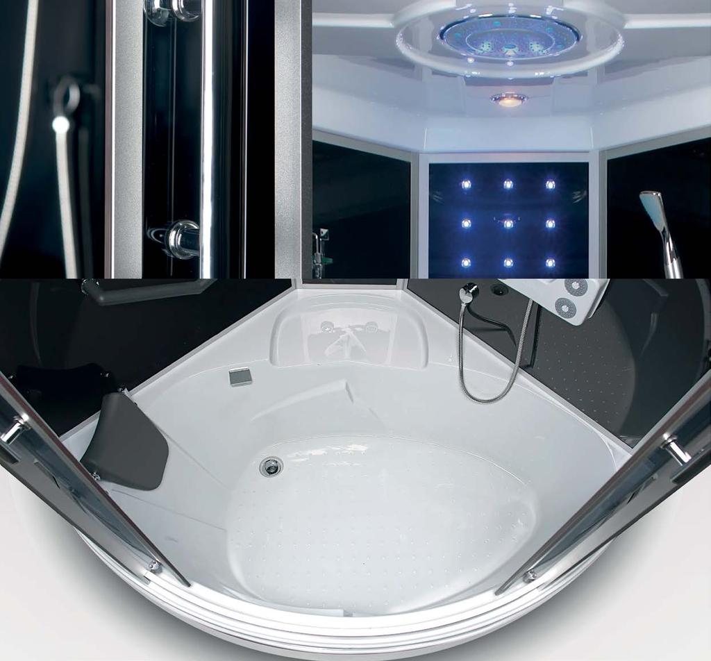 WYLEWKA WANNOWA WATER MASSAGE CABIN WITH BATHTUB SIZE: 135 X 135 X 222 CM INSTALLATION: CORNER GLASS: 5 mm, TEMPERED ProfileS: aluminium, SATIN DOOR: DOUBLE WING SLIDING