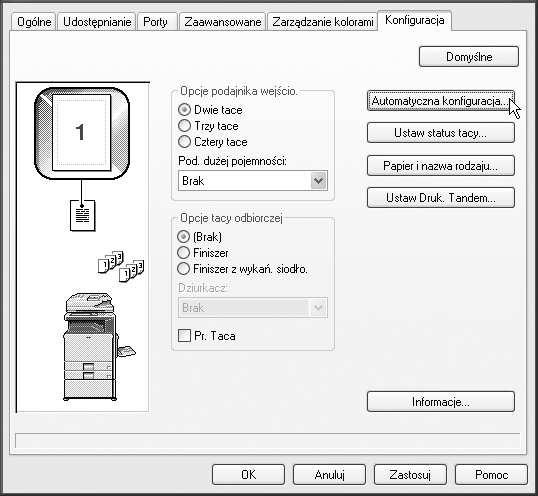 INSTALACJA STEROWNIKA DRUKARKI / STEROWNIKA PC-FAX KONFIGURACJA STEROWNIKA DRUKARKI ZGODNIE Z WYPOSA ENIEM URZ DZENIA Po zainstalowaniu sterownika drukarki nale y go skonfigurować odpowiednio do