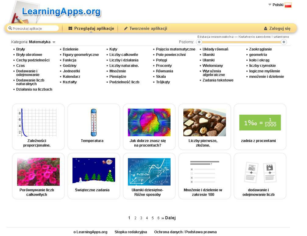 [4/20] Tworzenie krzyżówek, gier edukacyjnych Wybieramy kategorię np. matematyka. Przesuwając ustalasz poziom nauczania. Wybierasz odpowiedni dział matematyki. Zdj. 4. Kategoria matematyka.