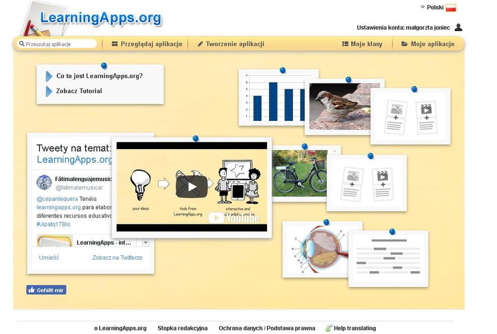 [8/20] Tworzenie krzyżówek, gier edukacyjnych Jesteś już zalogowany. Nowa zakładka Moje klasy. Nowa zakładka Moje aplikacje. Zdj.9. LearningApps.org po zalogowaniu.