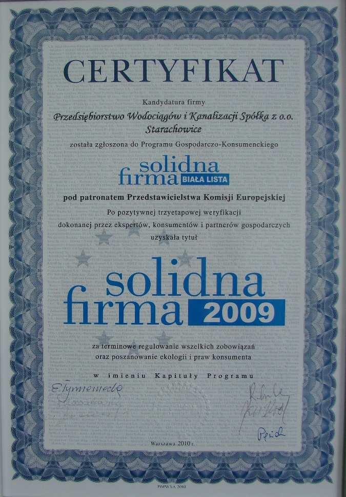 Starachowicach otrzymało certyfikat Solidna Firma 2009