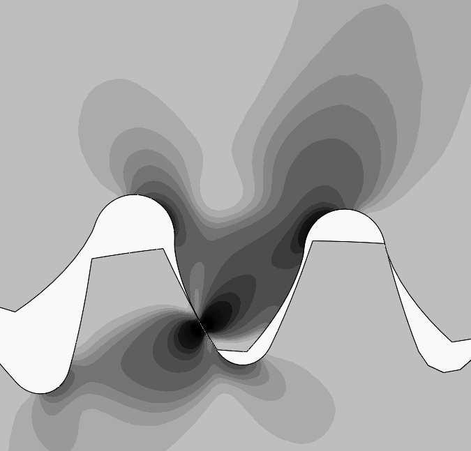 The maximum values of bending stresses for gear models with different mesh density Dla małych gęstości siatki wynoszących 0,5; 0,4; 0,3 mm wartości naprężeń zginających u podstawy zęba zarówno koła