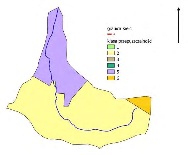 Rys. 26. Przepuszczalność gruntów w zlewni Zofiówki Powierzchnia obszarów antropogenicznych w całej zlewni osiągnęła 18,2%.