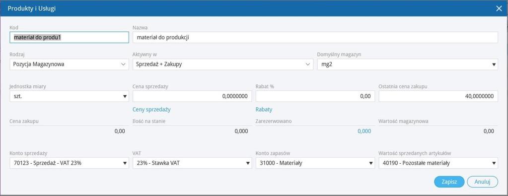 Dane w karcie produkty dotyczące materiału produkcyjnego muszą być oznaczone jako pozycja magazynowa, aktywna w sprzedaży i zakupie, przypisane powinny być do stworzonego magazynu materiałów