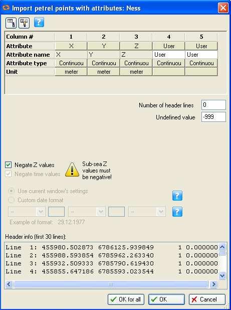 Ćwiczenie Z katalogu Linie zaimportować plik BLANK- PRZYKŁAD File import- Petrel points with attributes (ascii) (.*.