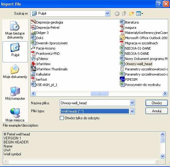 Import nagłówków otworu well head Ćwiczenie: Zaimportować do projektu