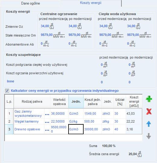 Praca z modułem Audyt 9.2.1.3 Zakładka: Koszty energii Rys 295. Zakładka Koszty energii.