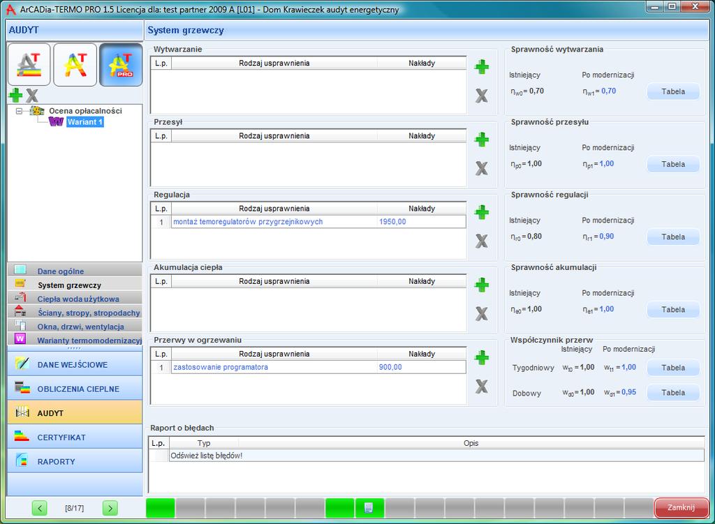 Praca z modułem Audyt Rys 328. Okno do wprowadzenia danych dla wariantów modernizacji systemu grzewczego wg Rozporządzenia MI z 14.