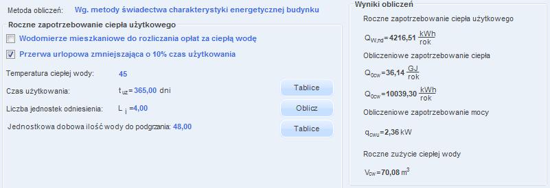 W grupie WYNIKI OBLICZEŃ uwidocznione są wartości, obliczone na podstawie wprowadzonych danych, OBLICZENIOWEGO ZAPOTRZEBOWANIA CIEPŁA, OBLICZENIOWEGO ZAPOTRZEBOWANIA MOCY oraz ROCZNEGO ZUŻYCIA