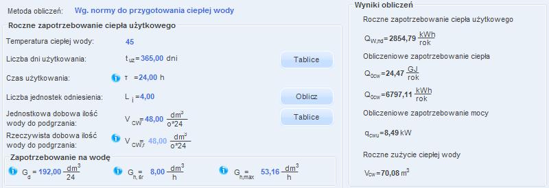 Praca z modułem Audyt Rys 353. Pola do wprowadzenia pozostałych danych służących do obliczeń ciepłej wody użytkowej wg polskiej normy oraz pole z wynikami obliczeń wg Rozporządzenia MI z 17.03.2009.