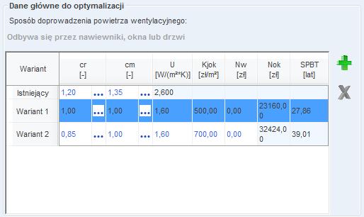 W grupie DANE GŁÓWNE DO OPTYMALIZACJi audytor ma za zadanie podanie danych do optymalizacji dla przegrody wskazanej w drzewku przegród, a jej nazwa wyświetlona jest ponad grupą w pozycji NAZWA