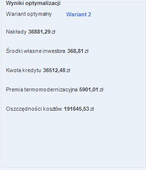 Praca z modułem Audyt Rys 392. Pole z wynikami obliczeń dla optymalnego wariantu przedsięwzięcia termomodernizacyjnego wg Rozporządzenia MI z 17.03.2009.