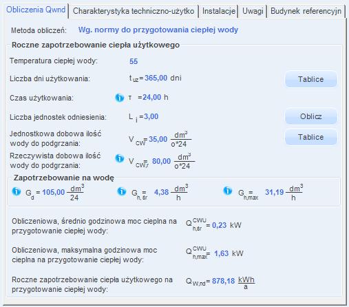 Certyfikat Q W,nd wartość wyliczana jest na podstawie danych wybranych lub wpisanych w grupie Roczne zapotrzebowanie ciepła użytkowego na podstawie wzoru: Q W,nd = V CW L i 4,19 1000 55 10 k t 365 d