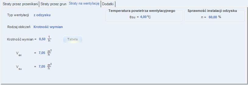 Zakładka straty na wentylację dla normy PN EN 12831 z odzyskiem, obliczenia na podstawie krotności wymian TYP WENTYLACJI pole służące do wybory jednego z trzech typów wentylacji: 1.grawitacyjna, 2.