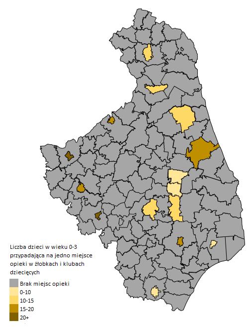 Mapa 1.1. Dostępność miejsc opieki w żłobkach i klubach dziecięcych na terenie województwa podlaskiego m. Suwałki Augustów Grajewo Dąbrowa Białostocka Kolno Sokółka Wasilków m. Łomża Zambrów m.