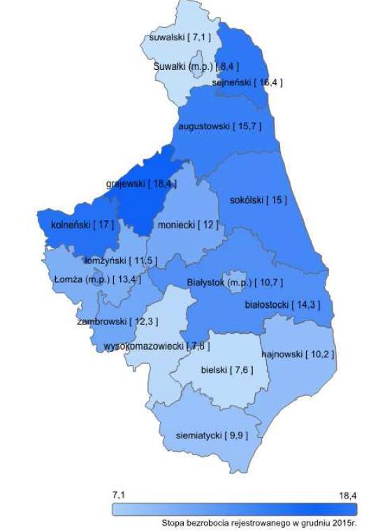 średniej krajowej. Stopa bezrobocia poniżej 10% została odnotowana w powiecie suwalskim, m. Suwałki, bielskim, hajnowskim, siemiatyckim, m. Białystok (Mapa 2.1). Mapa 2.1. Stopa bezrobocia w powiatowych urzędach pracy woj.