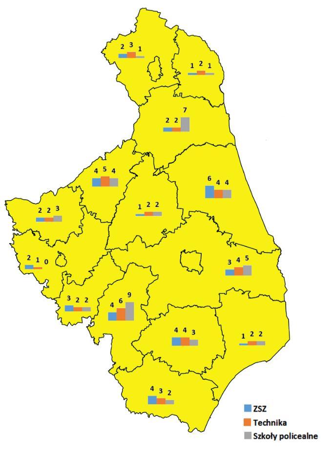 których absolwenci gorzej radzą sobie na rynku pracy ze względu na niedostosowanie struktury kształcenia zawodowego w technikach do potrzeb rynku pracy. Mapa 4.1.