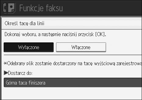 Ustawienia odbioru Znak pierwszej strony Okreãl, czy znak pierwszej strony jest drukowany na pierwszej stronie odbieranych faksów. Domyãlne ustawienie to Wâàczone.