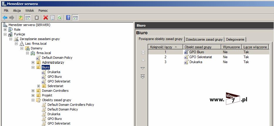 22 (Pobrane z slow7.pl) liście wyświetlanej na zakładce Linked Group Policy Object - Powiązane obiekty zasad grupy w GPMC jest ważniejsze.