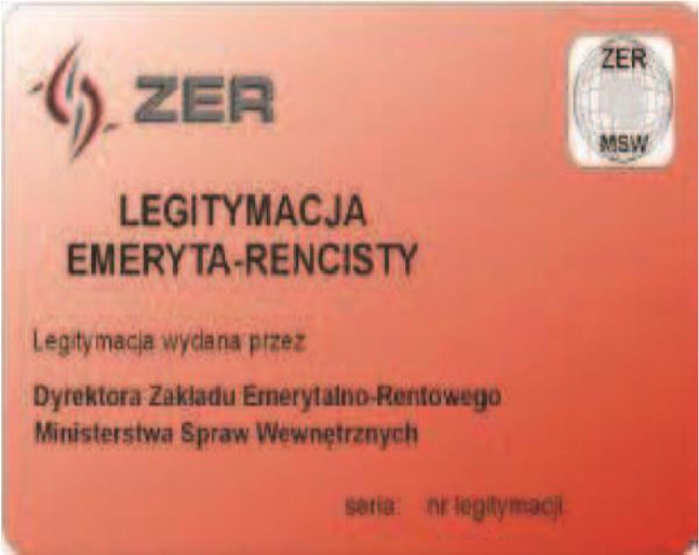 Strona 1 1) tło w kolorze czerwonym cieniowanym; 2) w lewym górnym rogu logo Zakładu Emerytalno-Rentowego Ministerstwa Spraw Wewnętrznych i napis "ZER"; 3) w prawym górnym rogu hologram; 4) poniżej